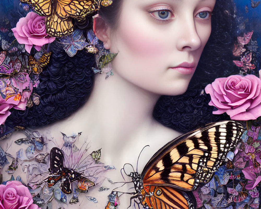 Surreal portrait of woman with pale skin, pink roses, and butterflies