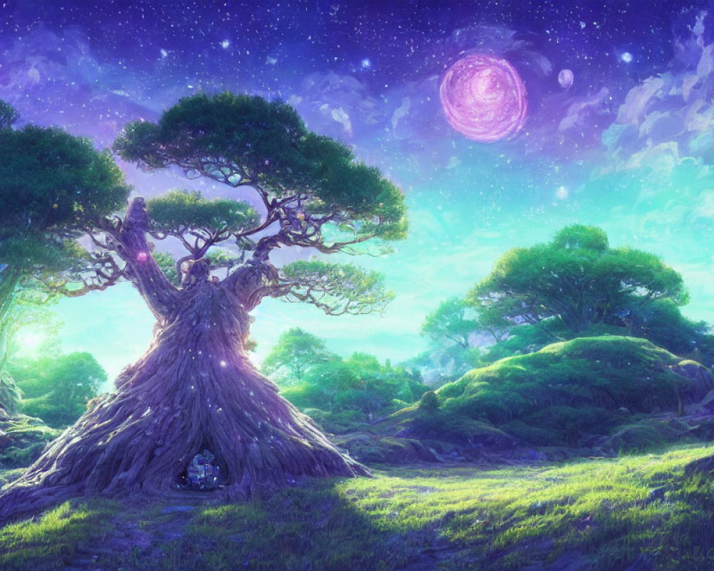 Majestic tree in fantastical landscape under vibrant purple galaxy