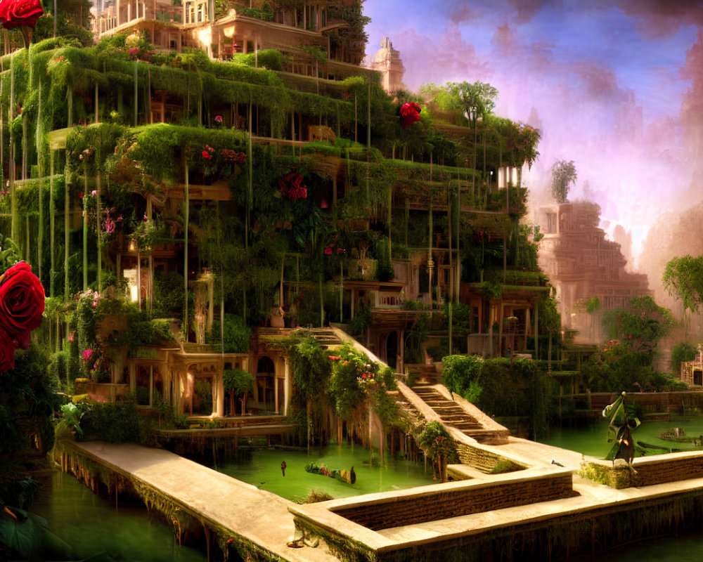 Fantasy garden with vine-draped architecture, red roses, waterways, and mystical statue