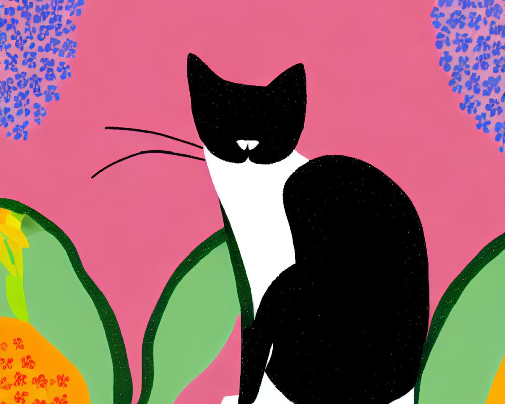 Stylized black and white cat among colorful plants on pink background