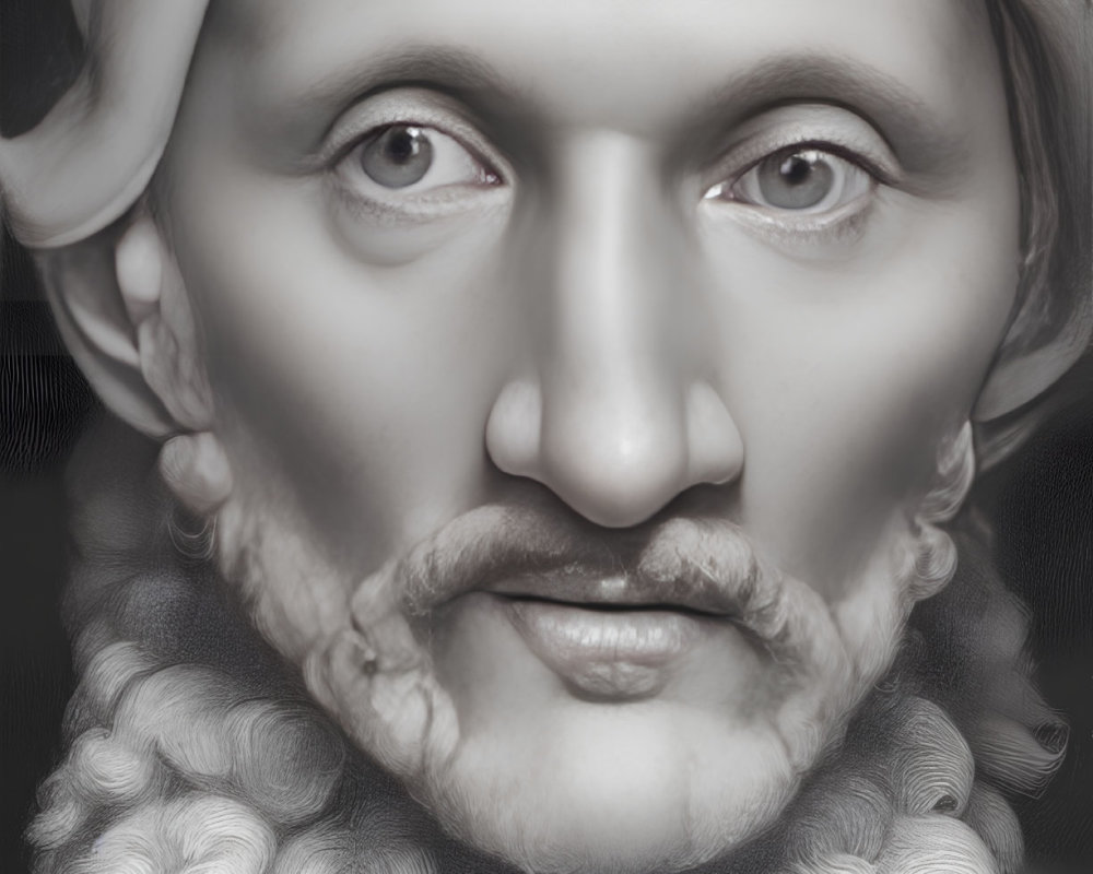 Classical bust digital artwork: man with prominent nose, curly beard, wavy hair on gray background