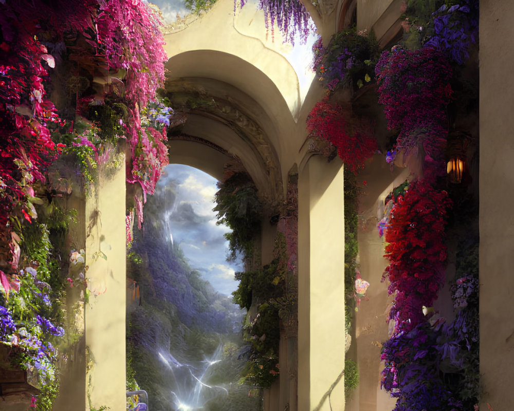 Sunlit Corridor Overgrown with Wisteria and Mountain View