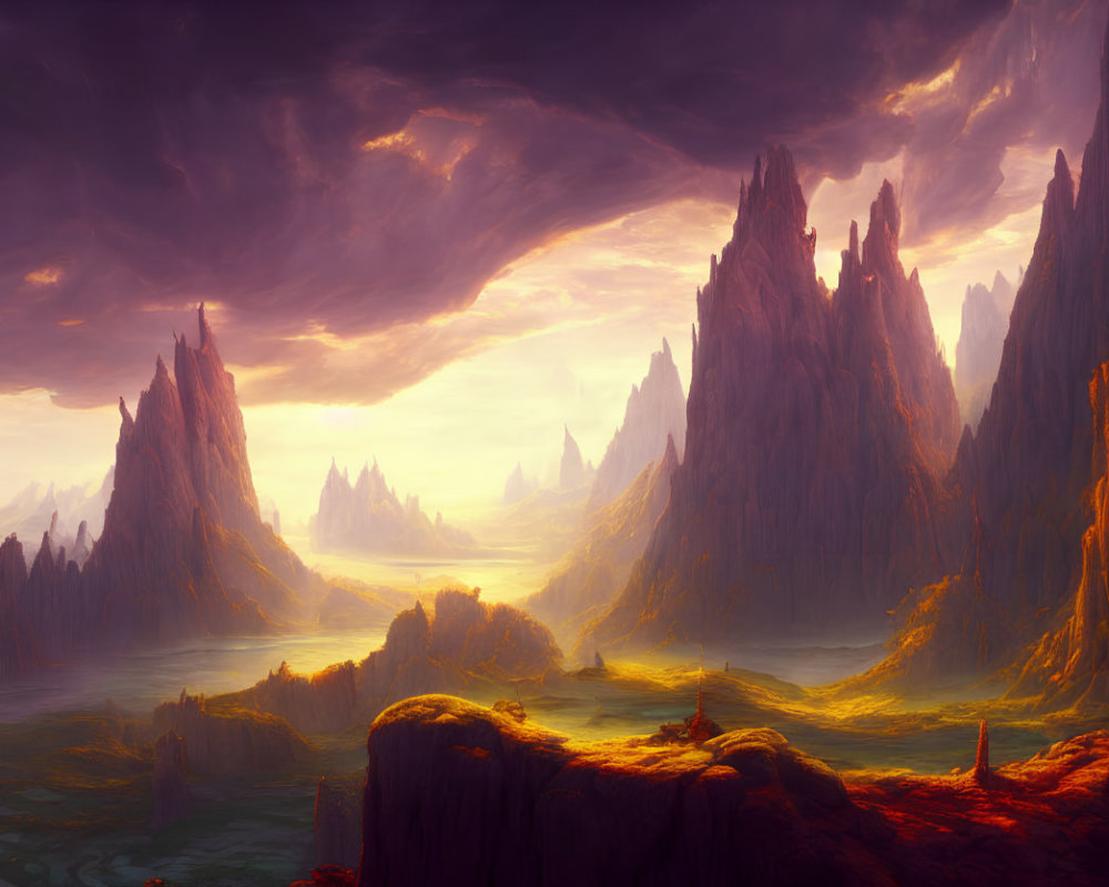 Vibrant sunset landscape with rock spires and golden valley