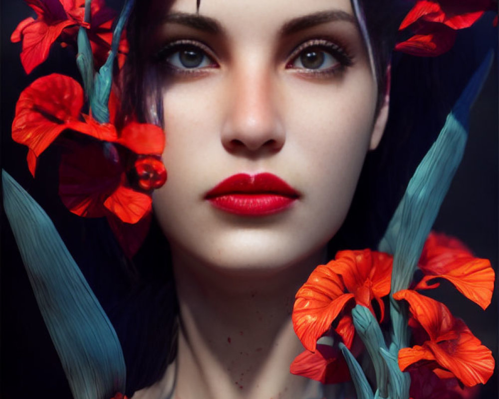 Woman with Red Lips Surrounded by Flowers and Intense Eyes