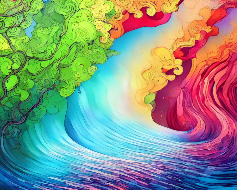 Colorful Abstract Illustration with Wavy Patterns and Tree-Like Designs