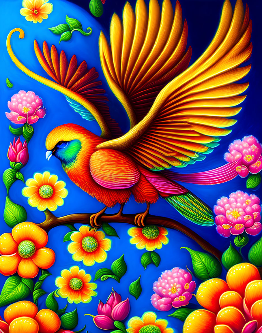Colorful Stylized Bird Illustration Perched on Branch with Exotic Flowers