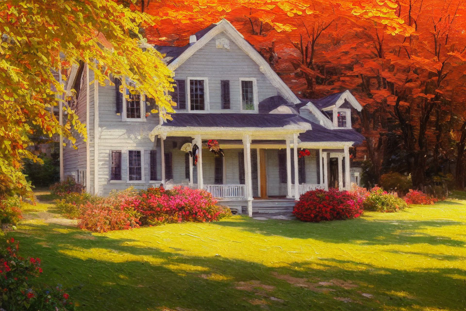 White House with Porch Surrounded by Autumn Foliage and Flowerbeds