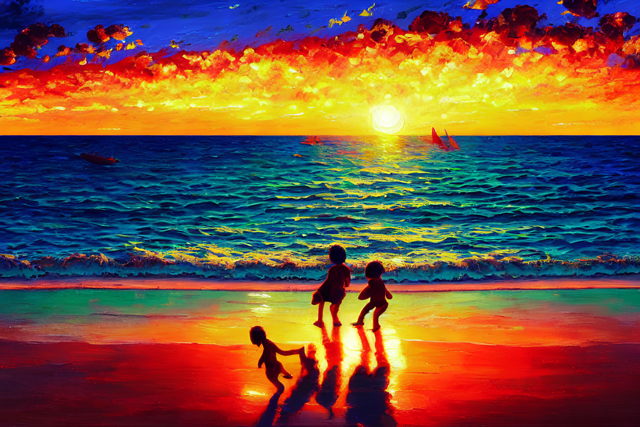 Colorful sunset reflecting on ocean with children playing on beach and boats in the distance