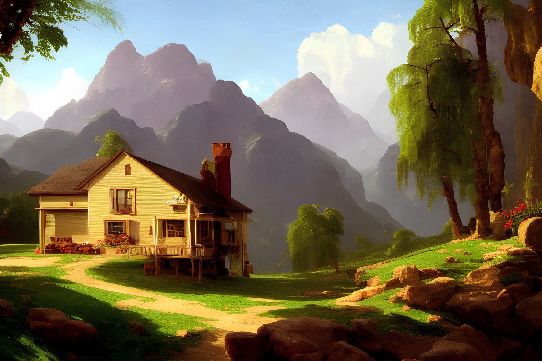 Tranquil landscape with cozy house, lush trees, clear path, misty mountains, warm sky