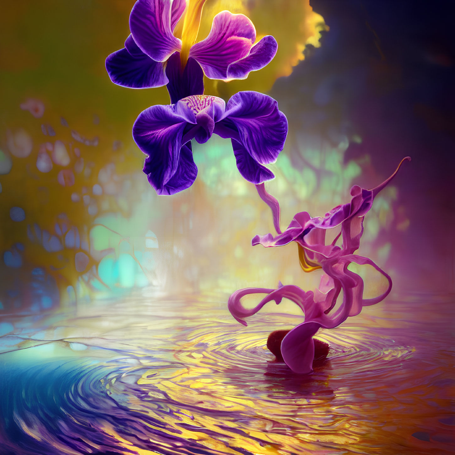 Colorful Iris Flower and Swirling Pink Figure in Surreal Scene