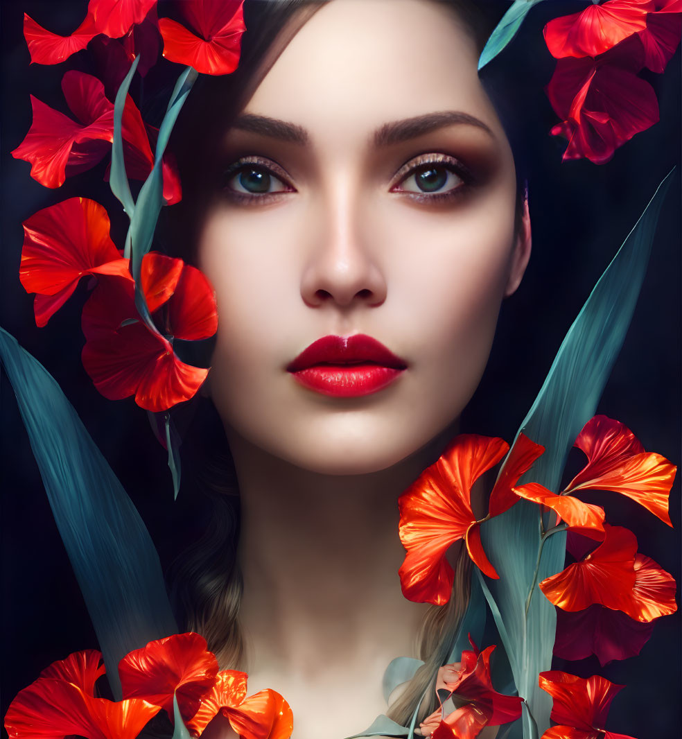Vibrant red flowers frame woman's face with striking red lips