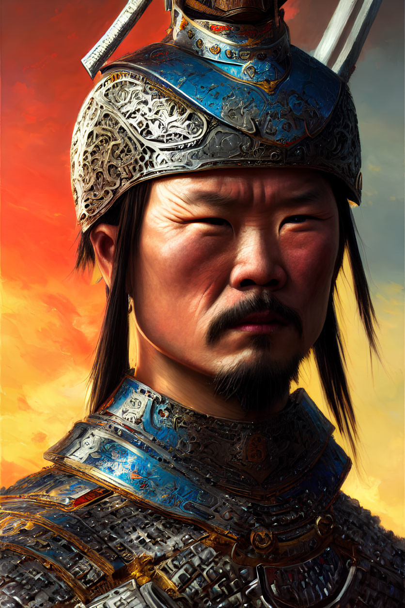 Ancient Asian warrior in ornate armor under sunset sky