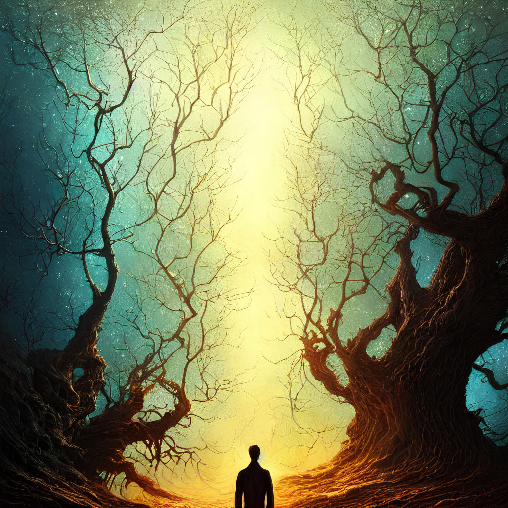 Solitary figure in mystical pathway with radiant glow and towering trees