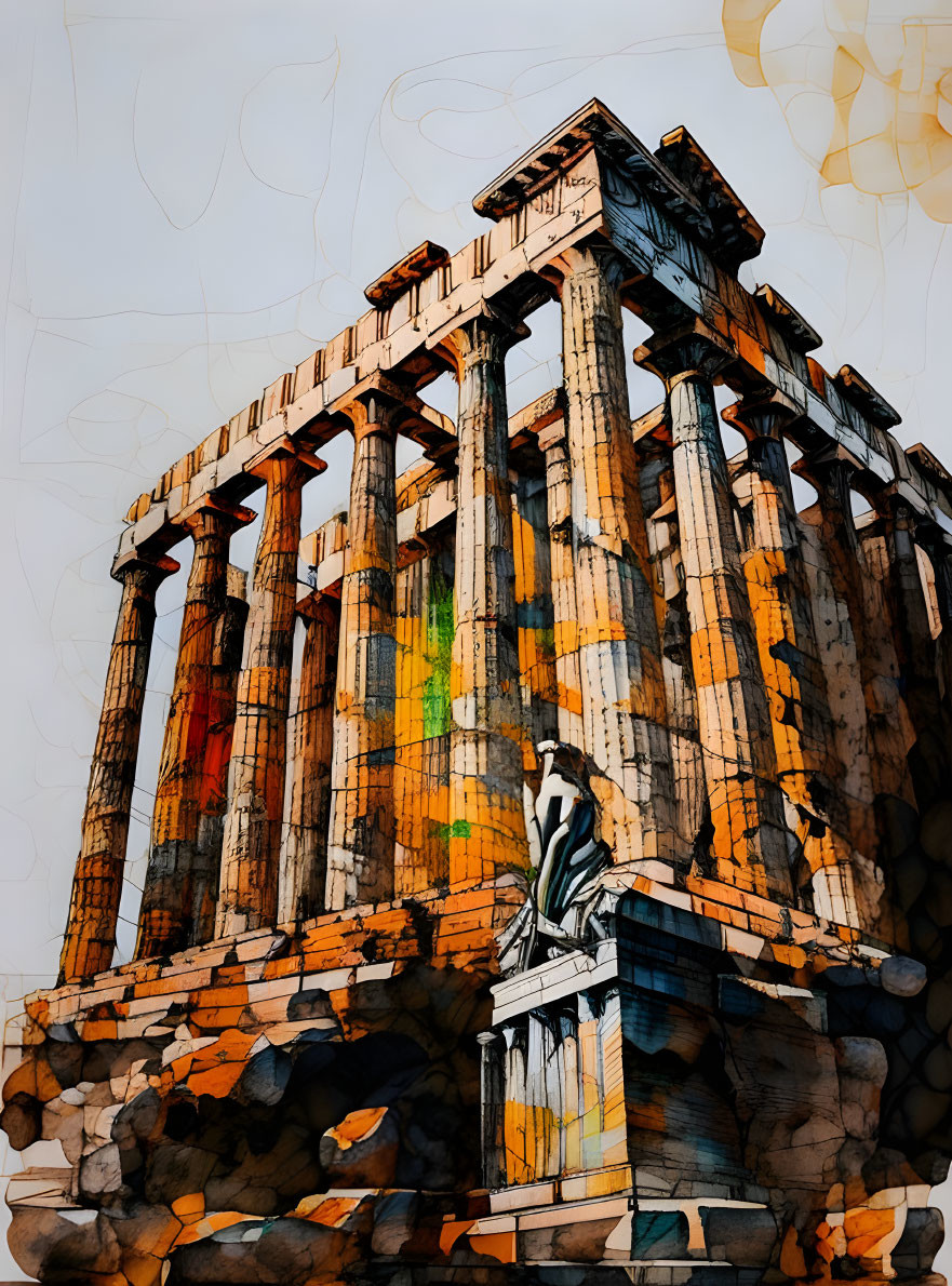 Ancient Greek Temple with Doric Columns in Watercolor Effect