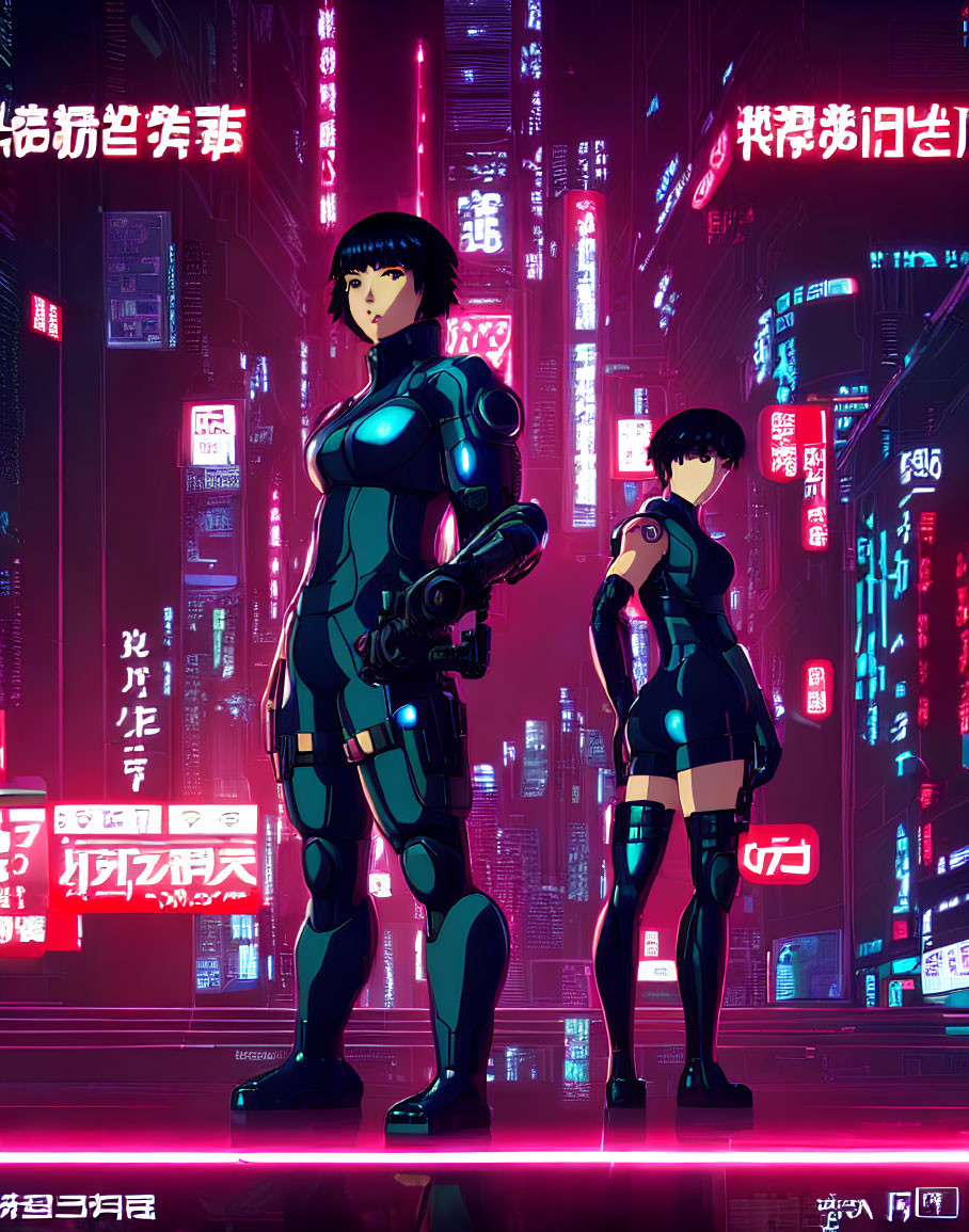 Futuristic armored animated characters in neon-lit urban setting