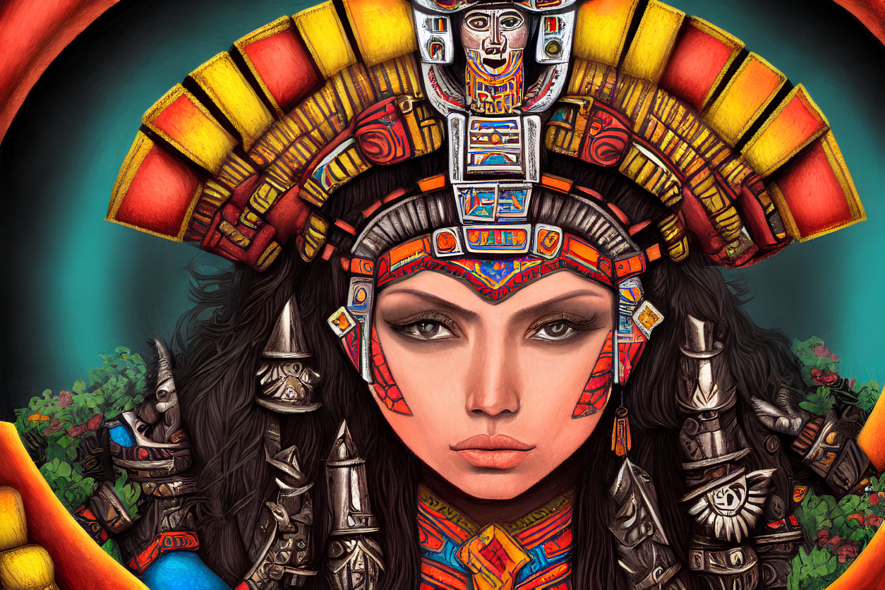 Detailed Illustration: Person with Tribal Headgear and Face Paint in Indigenous Cultural Theme