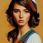 Serene young woman in blue headscarf with wavy brown hair against warm background