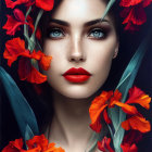 Woman with Red Lips Surrounded by Flowers and Intense Eyes