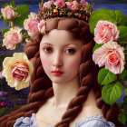 Portrait of Young Woman with Braided Hair and Crown Surrounded by Pink Roses on Blue Sky Background
