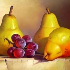Colorful still life painting of assorted fruits on draped table