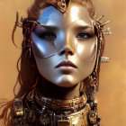 Female cyborg with metallic parts and futuristic headpiece.
