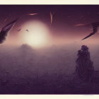 Fantastical sunset landscape with airships, ancient architectures, and misty mountains