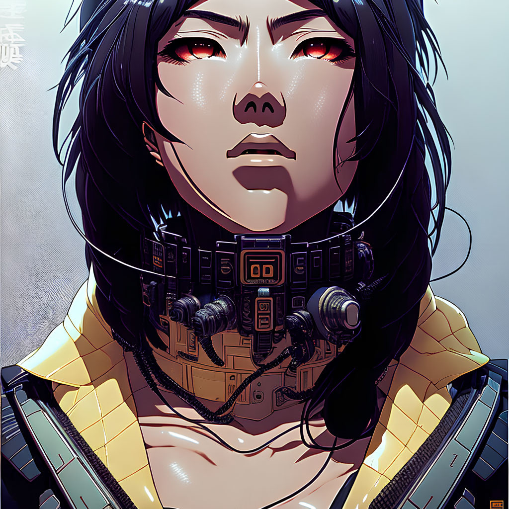 Futuristic illustration of woman with black hair and red eyes