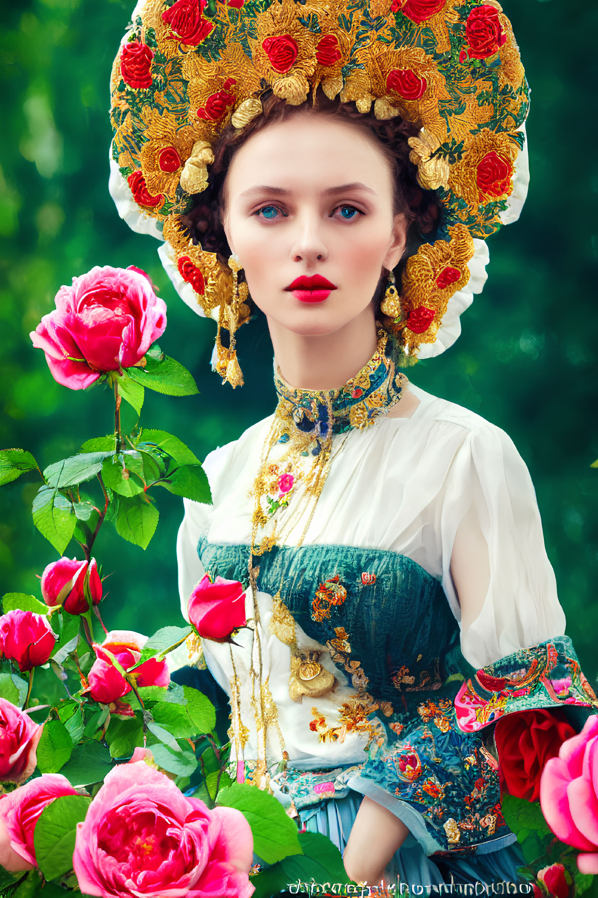 Woman in traditional attire with floral headpiece amidst blooming roses
