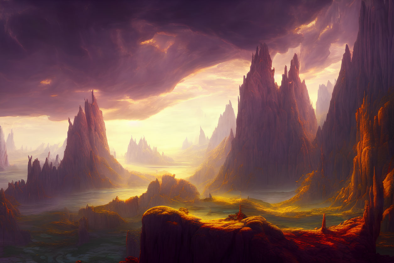 Vibrant sunset landscape with rock spires and golden valley