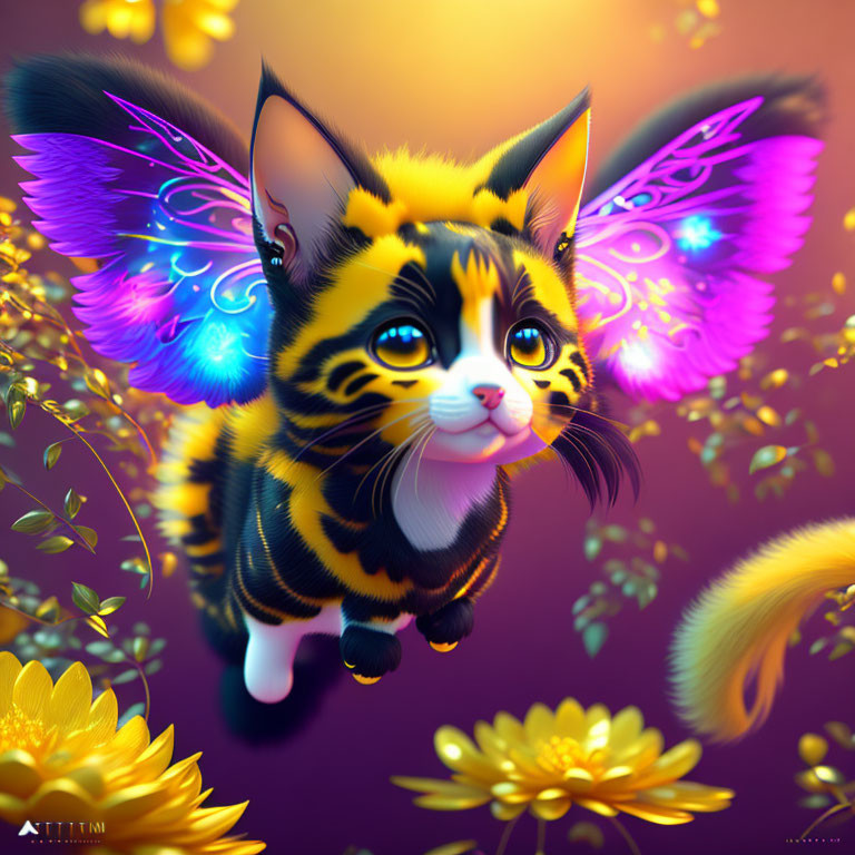 Whimsical cat with butterfly wings in floral setting