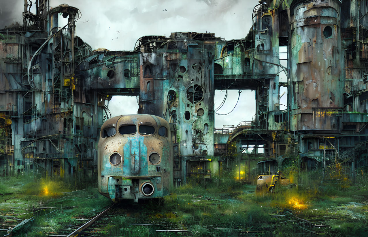 Decaying industrial complex with rusty train and overgrown vegetation