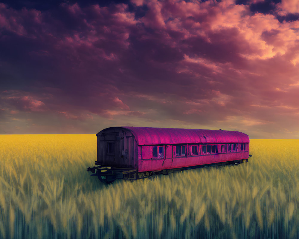 Abandoned pink train carriage in yellow wheat field at sunset