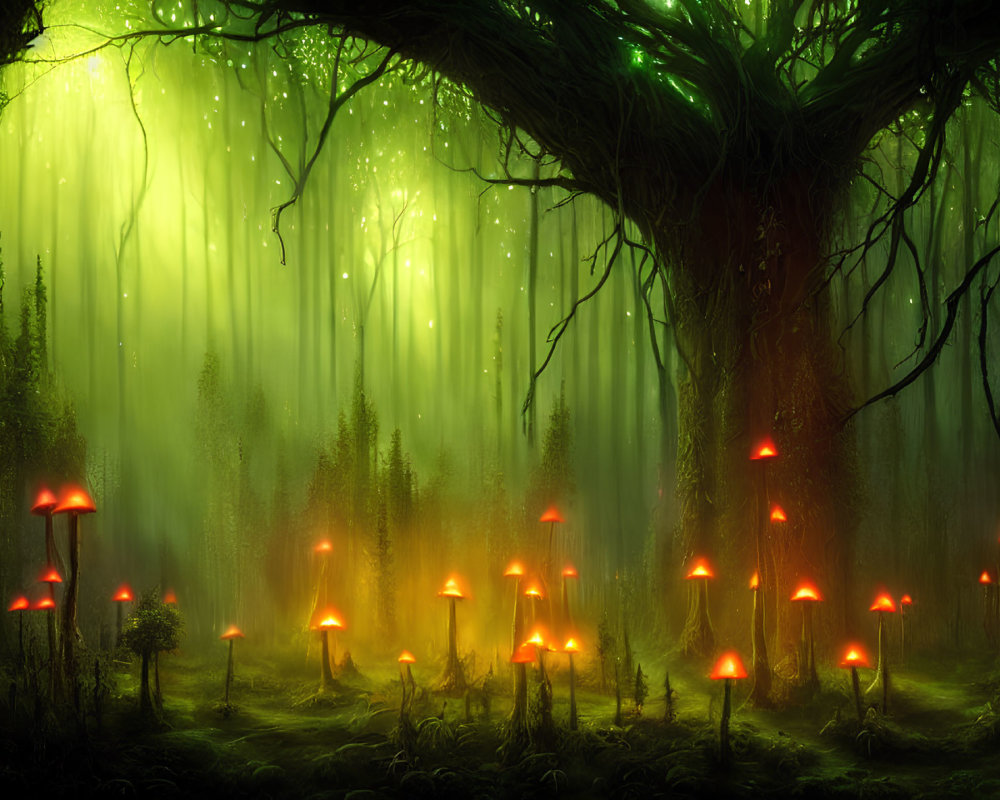 Enchanted forest scene with glowing red mushrooms and ethereal green light