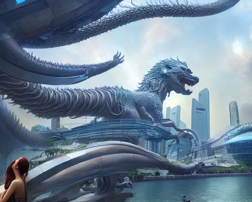 Futuristic metallic dragon sculpture in urban cityscape