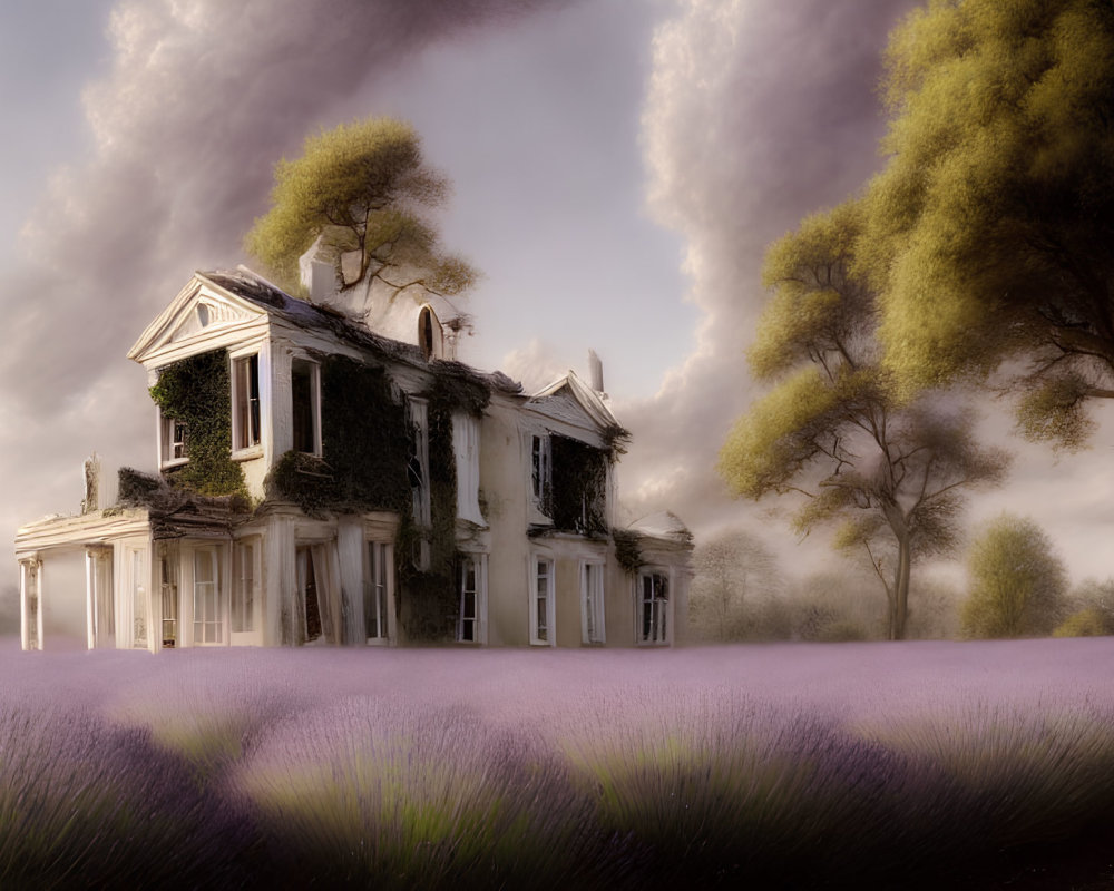 Abandoned mansion in lavender field under dramatic sky