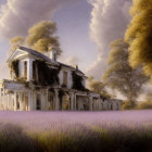 Abandoned mansion in lavender field under dramatic sky