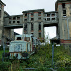 Decaying industrial complex with rusty train and overgrown vegetation