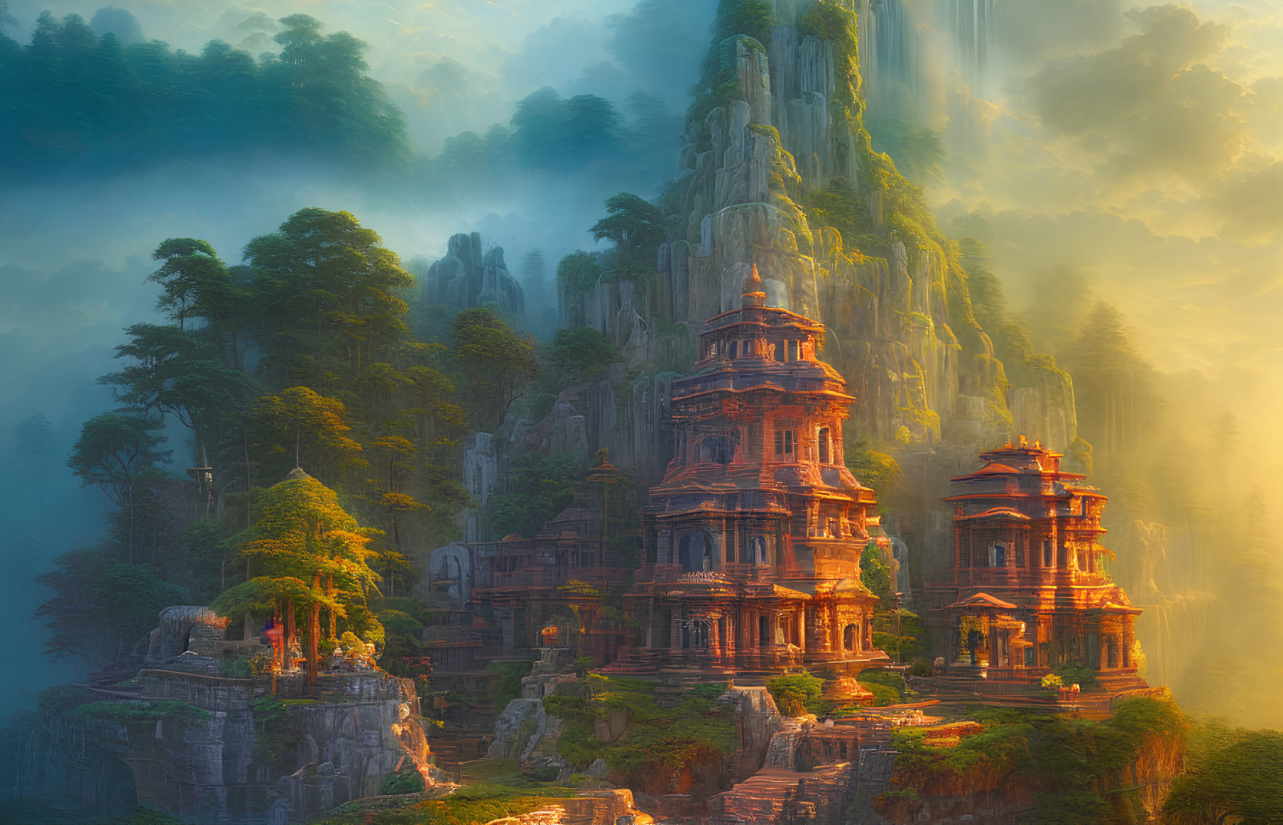 Ancient temples on cliff sides in misty mountain landscape
