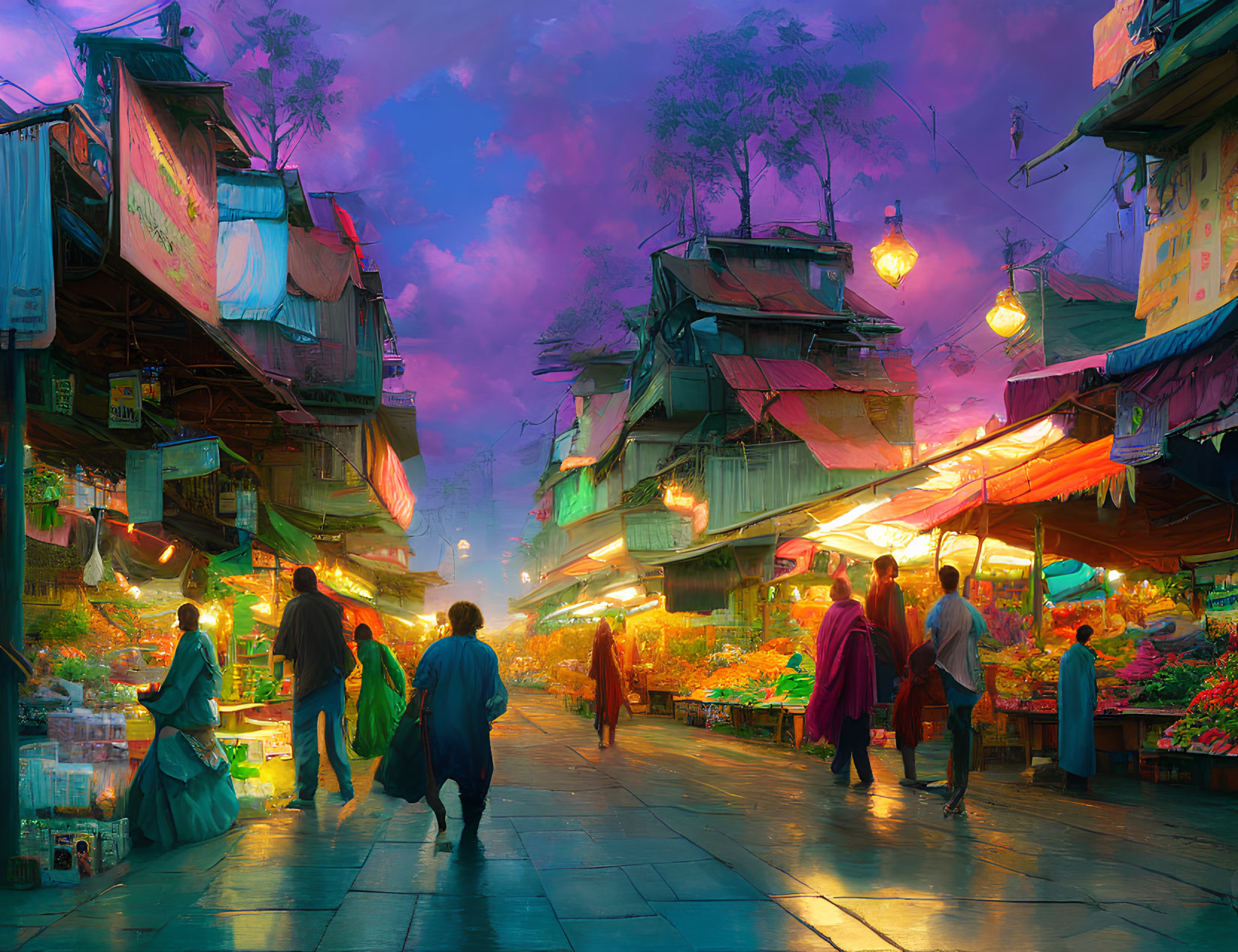 Colorful Dusk Scene: Market Street with Strolling People, Hanging Lanterns, and Goods Display