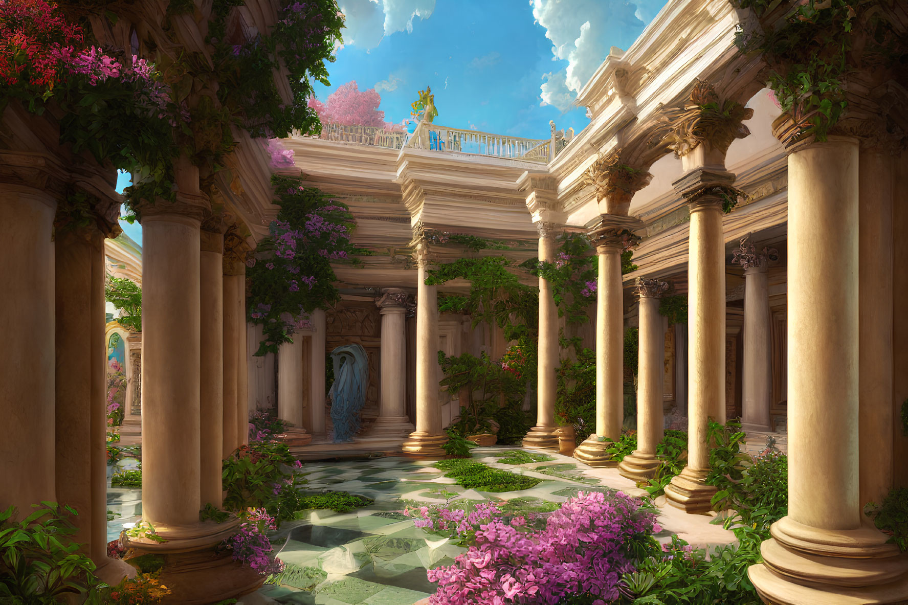Classical courtyard with marble pillars, lush plants, statue, vibrant sky