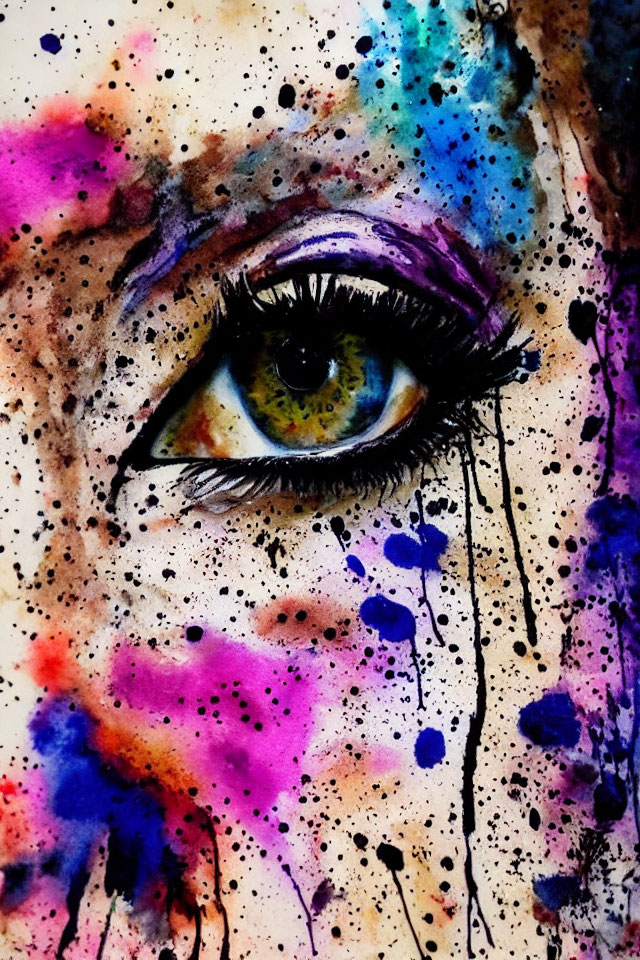 Colorful Watercolor Eye Painting with Purple, Blue, and Black Explosive Colors