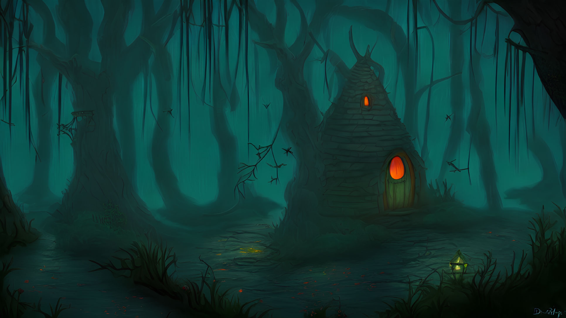 Dimly Lit Swamp with Crooked Hut, Glowing Windows, Eerie Trees