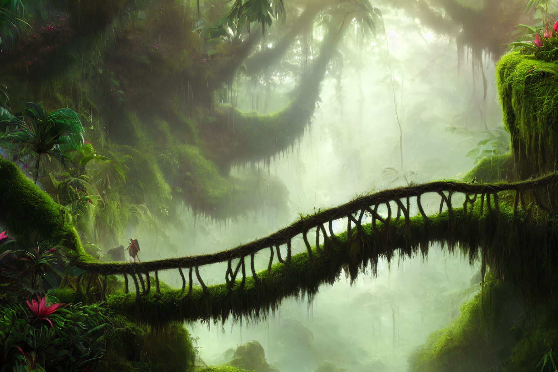 Lush Jungle Scene with Moss-Covered Natural Bridge