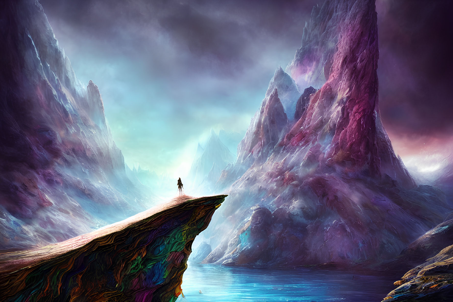 Lone Figure on Cliff Overlooking Surreal Purple Mountains