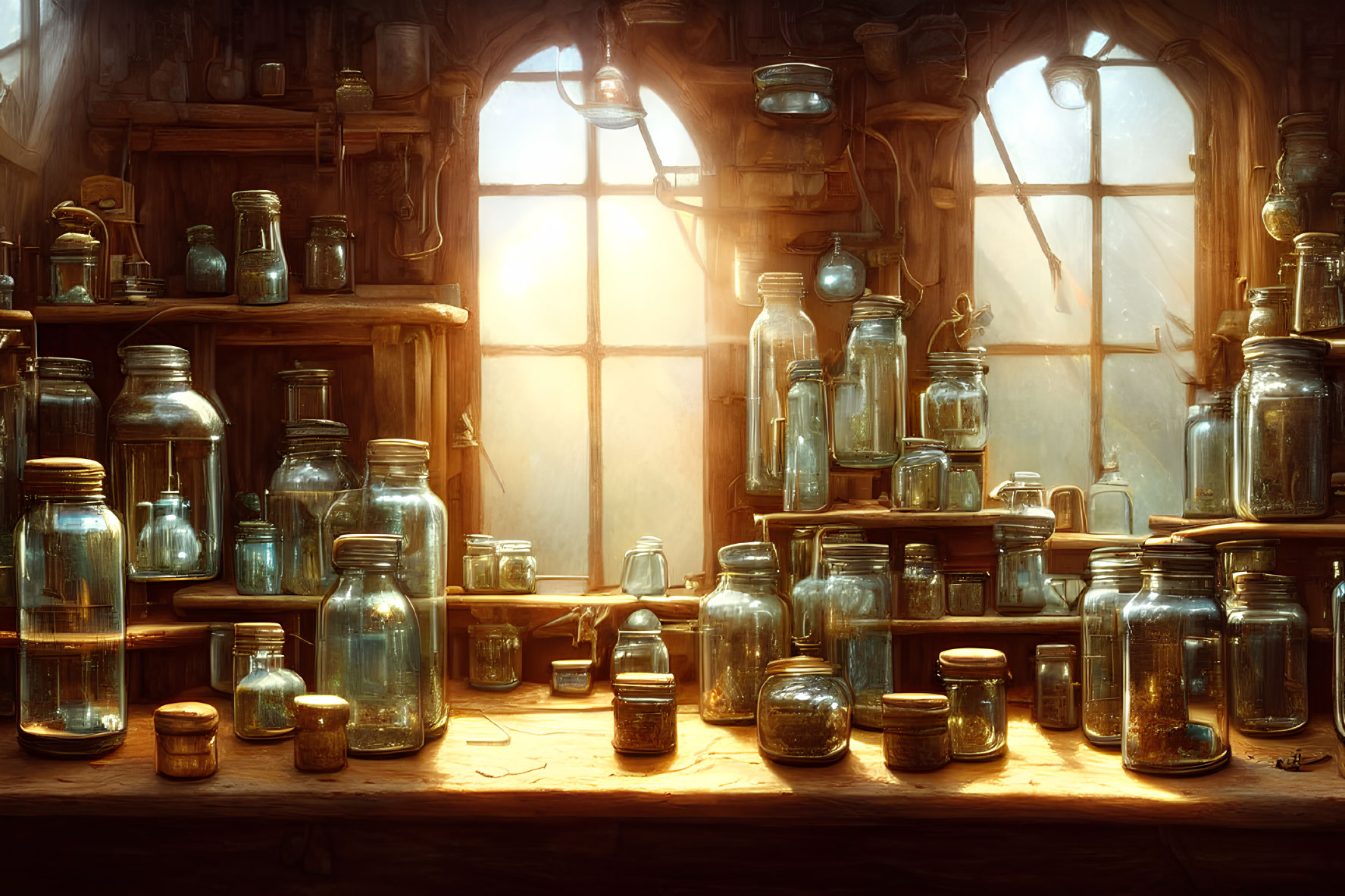 Sunlight on wooden table with glass jars and bottles