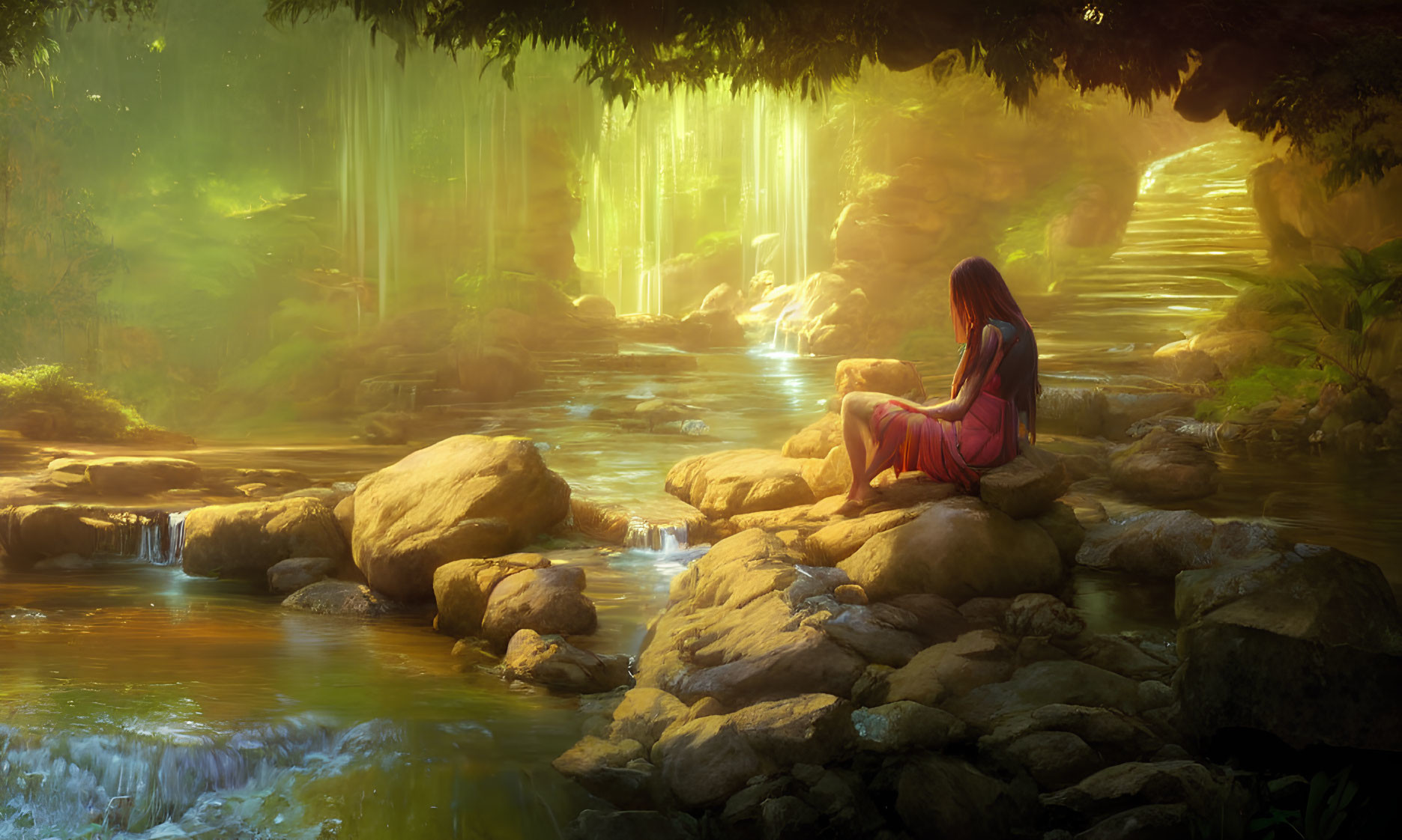 Woman in Red Dress Sitting by Stream Surrounded by Nature