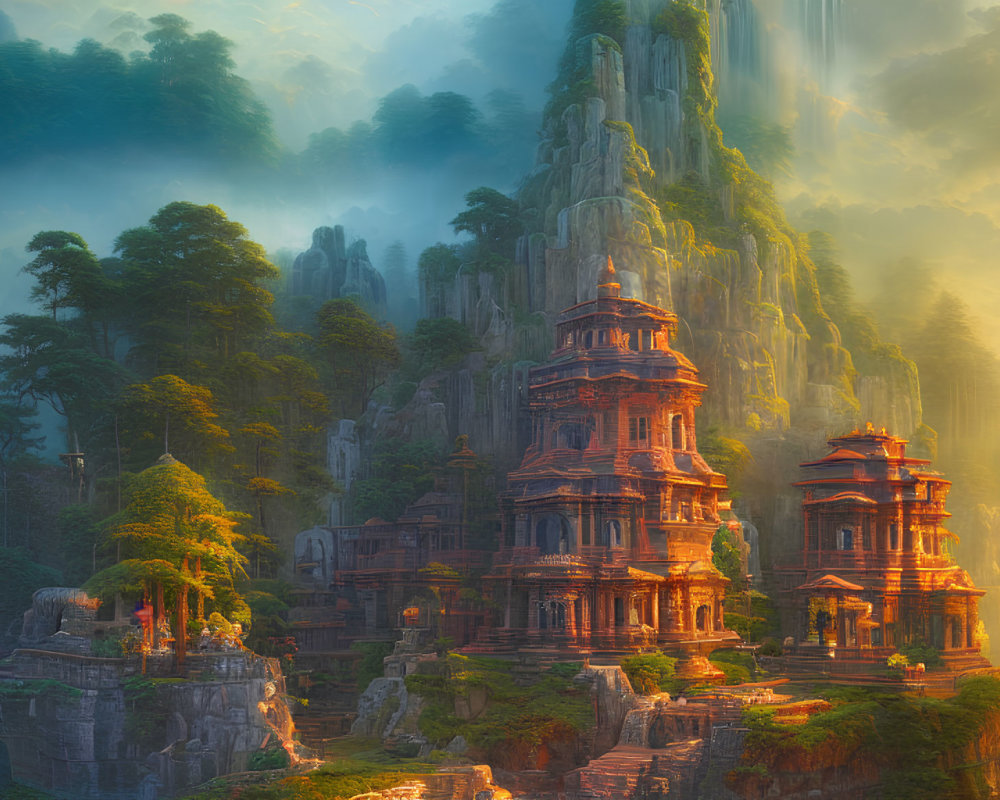 Ancient temples on cliff sides in misty mountain landscape