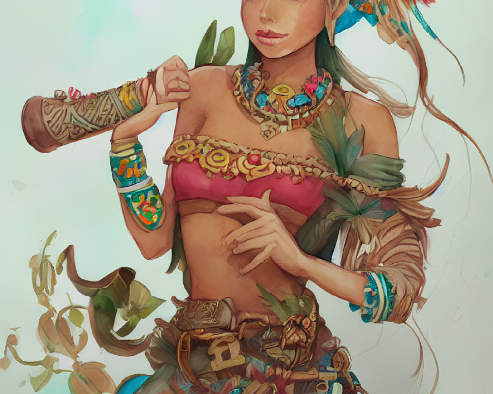 Illustration of woman in floral, tribal, feathered attire