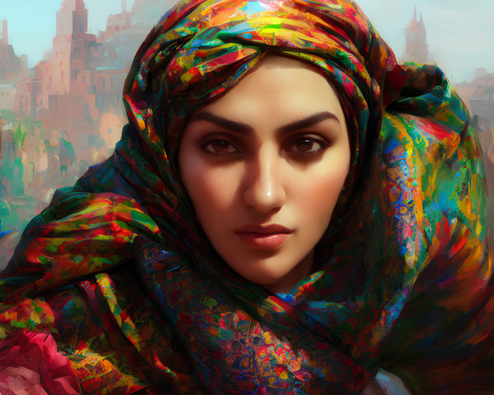 Colorful headscarf woman gazes with expressive eyes in cityscape background