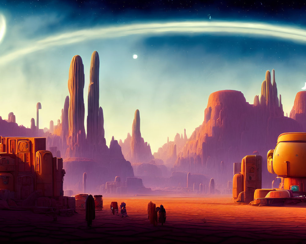 Surreal alien landscape with towering rock formations and astronauts exploring under a starry sky.